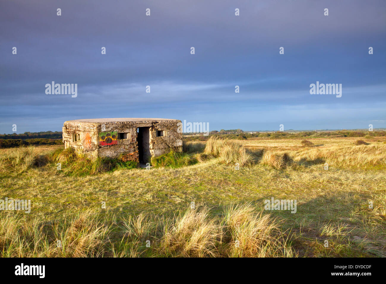 An old pill box on the Norfolk coast. Stock Photo