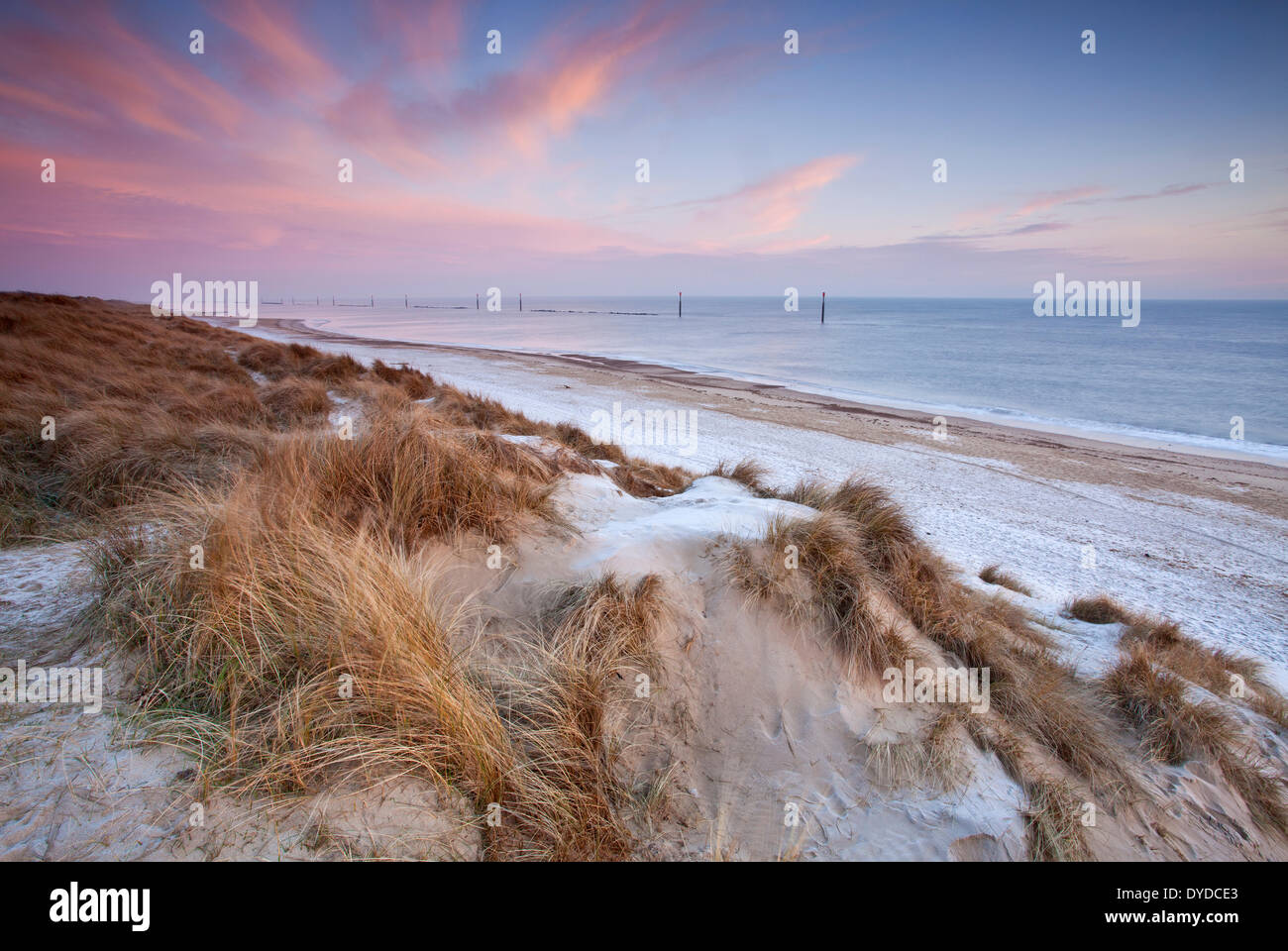 Sea Palling beach on a cold frosty morning on the Norfolk coast. Stock Photo