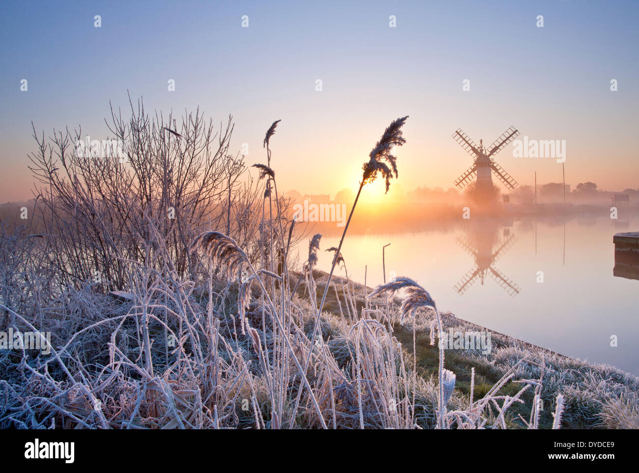 Thurne Drainage Mill at sunrise following an overnight winter hoarfrost on the Norfolk Broads. Stock Photo