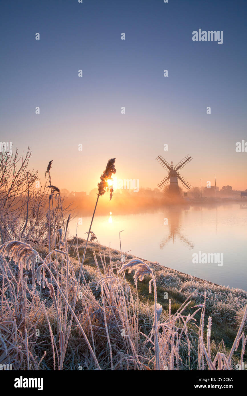 Thurne Drainage Mill at sunrise following an overnight winter hoarfrost on the Norfolk Broads. Stock Photo