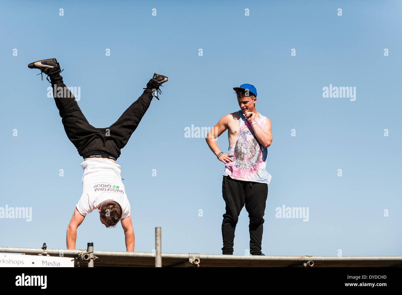 Parkour display at the Brownstock Festival in Essex. Stock Photo