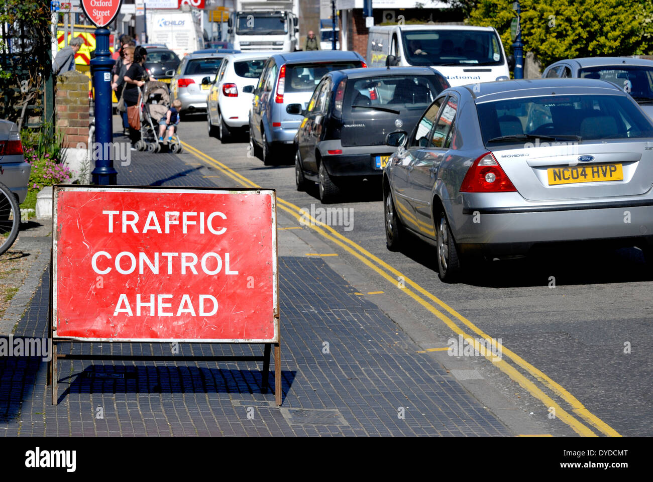 Whitstable, Kent, England, UK. Traffic Control Ahead sign on busy high street Stock Photo