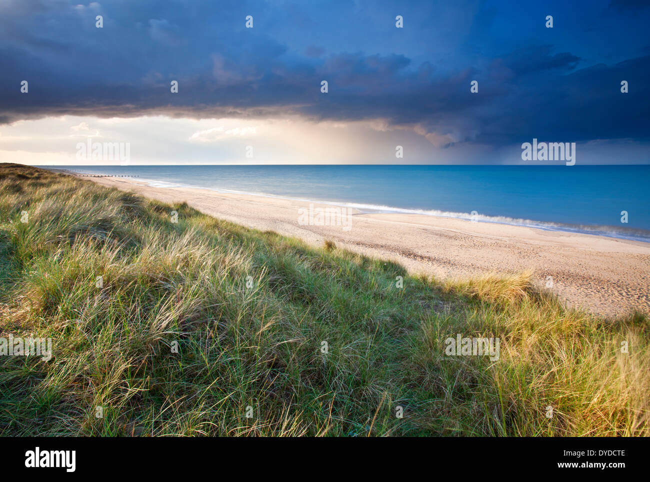 Sand dunes at Horsey and a dramatic summer storm out at sea. Stock Photo