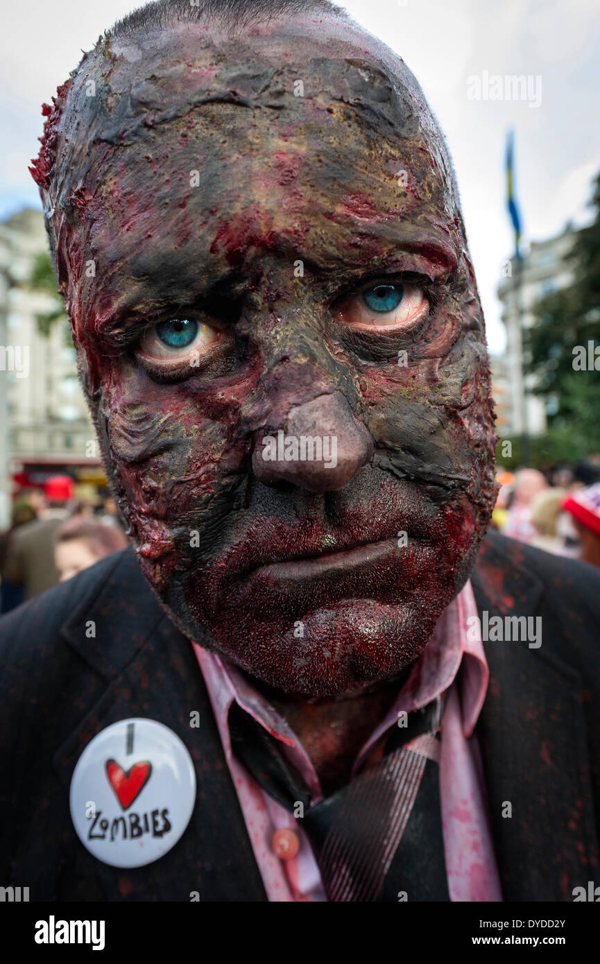A participant in the annual Zombie Invasion of London raising money for St Mungo's homeless charity. Stock Photo