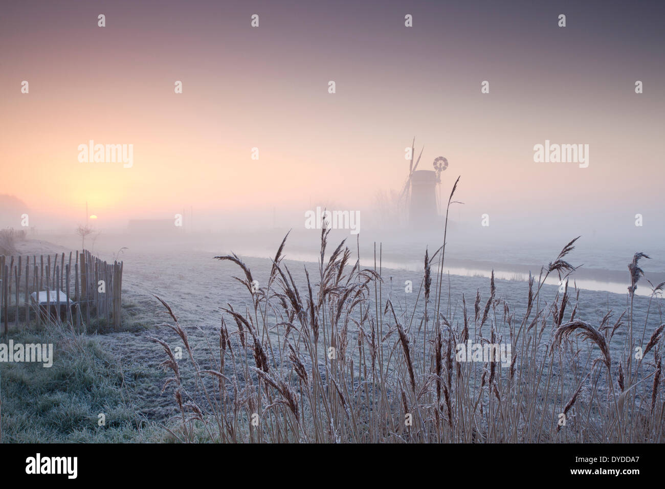 Horsey Drainage Mill at sunrise on a winter morning. Stock Photo