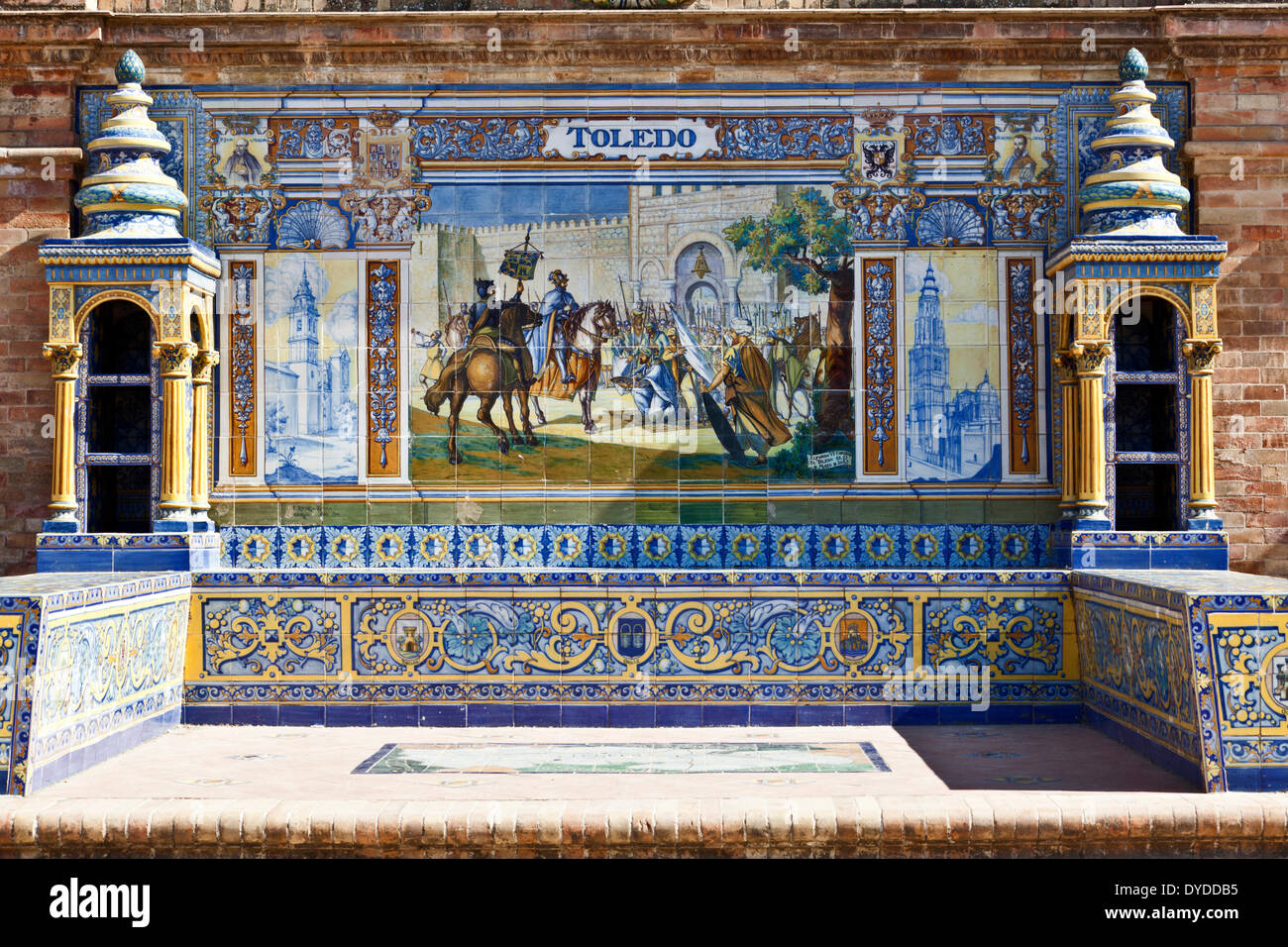 Azulejo tiled Toledo province alcove at the Plaza de Espana in Seville. Stock Photo