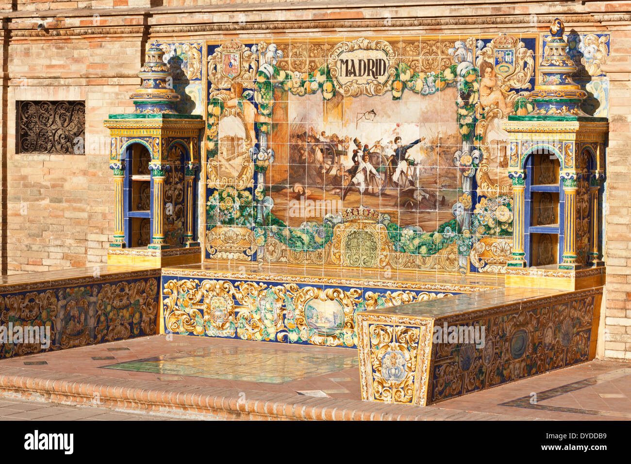 Ceramic azulejo panel dedicated to the Spanish province of Madrid at the Plaza de Espana in Seville. Stock Photo