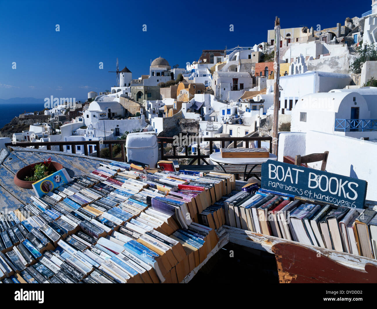 Bookshop overlooking Oia village. Stock Photo