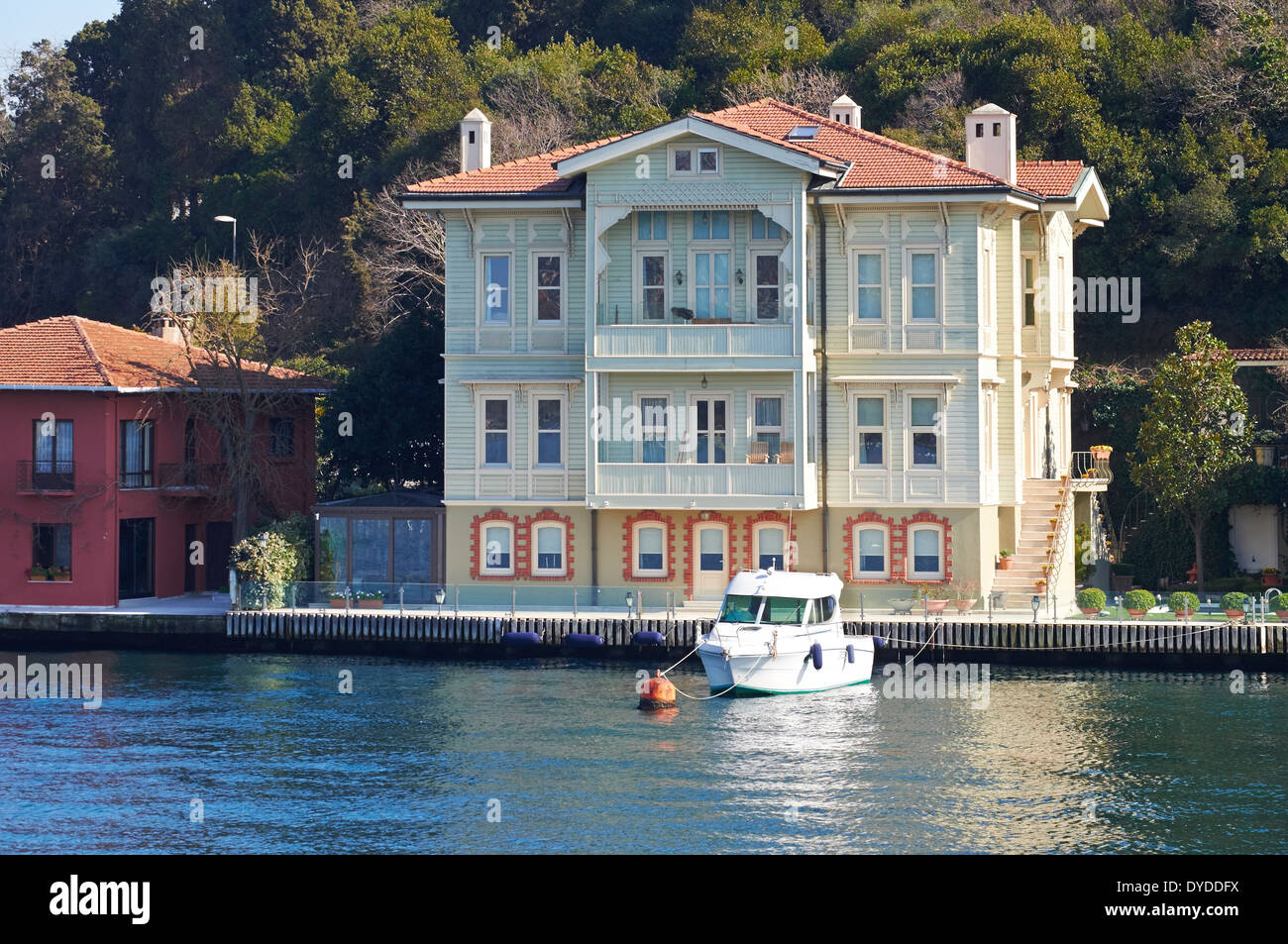 Architecture on the Bosphorus Strait. Restoration of wooden mansions, Istanbul in Turkey. Stock Photo