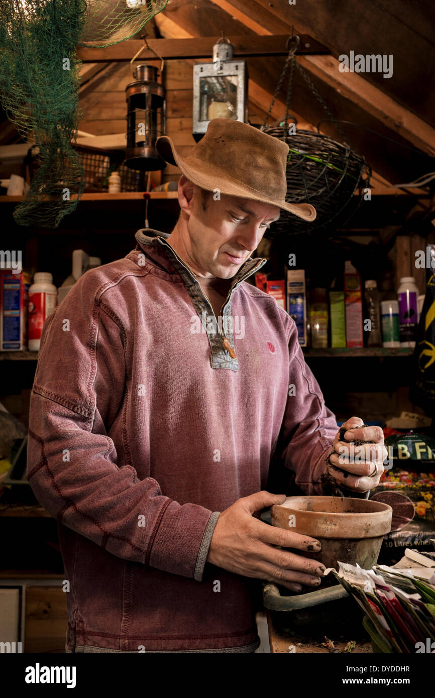 Man working at a potting bench in his garden shed. Stock Photo