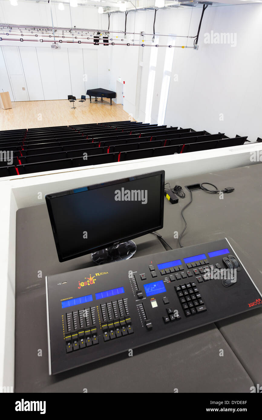 The lighting desk in a school hall theatre at Notting Hill and Ealing High School. Stock Photo