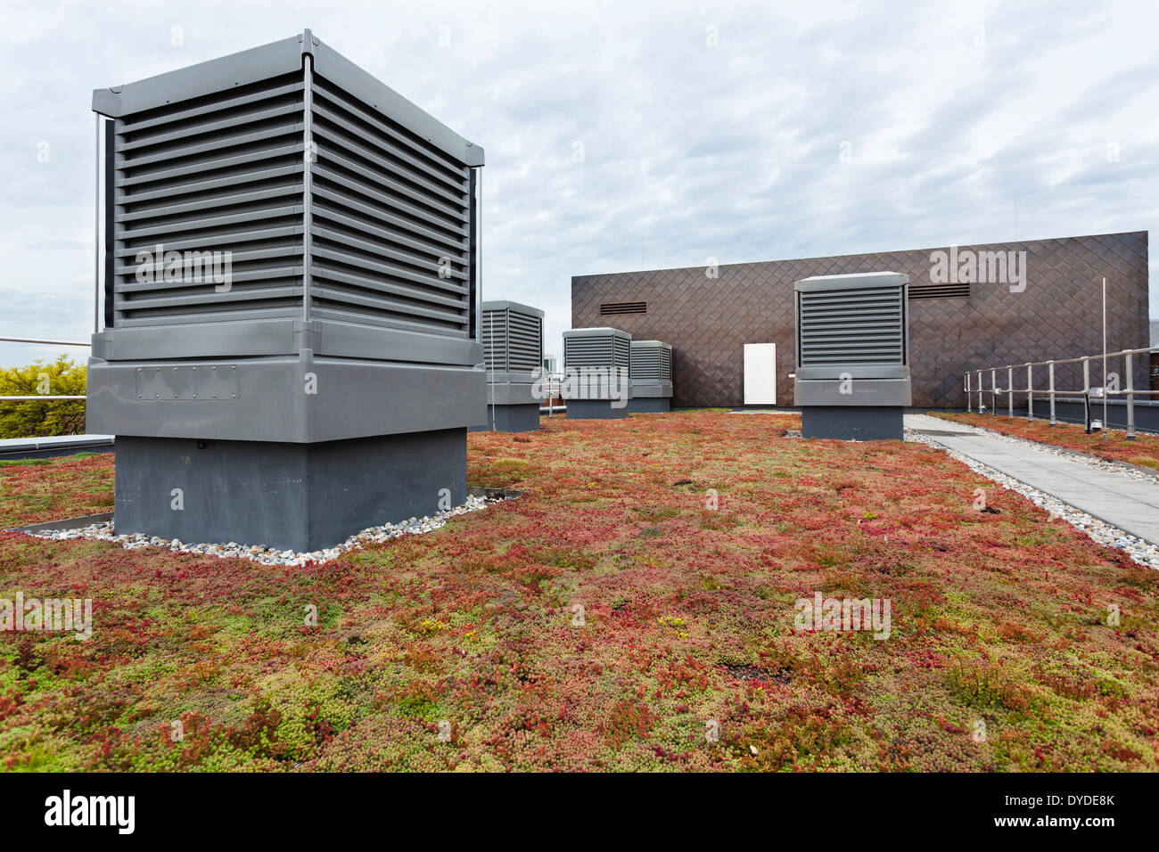 Monodraft louvre ventilation and Sedum green roof on Notting Hill and Ealing High School. Stock Photo