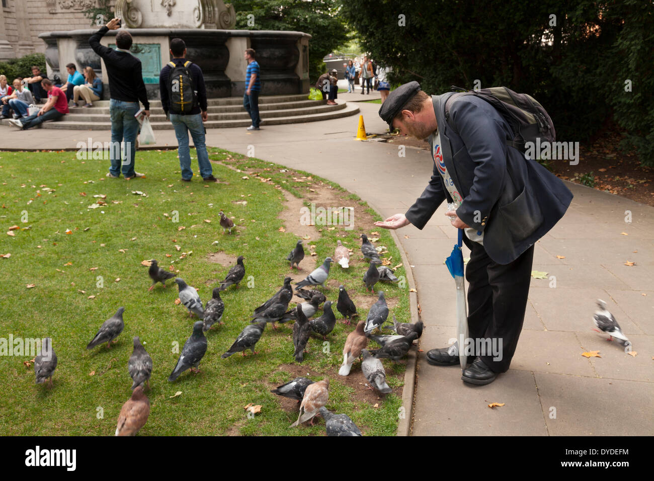 Man feeding pigeons in St Paul's Churchyard in London. Stock Photo