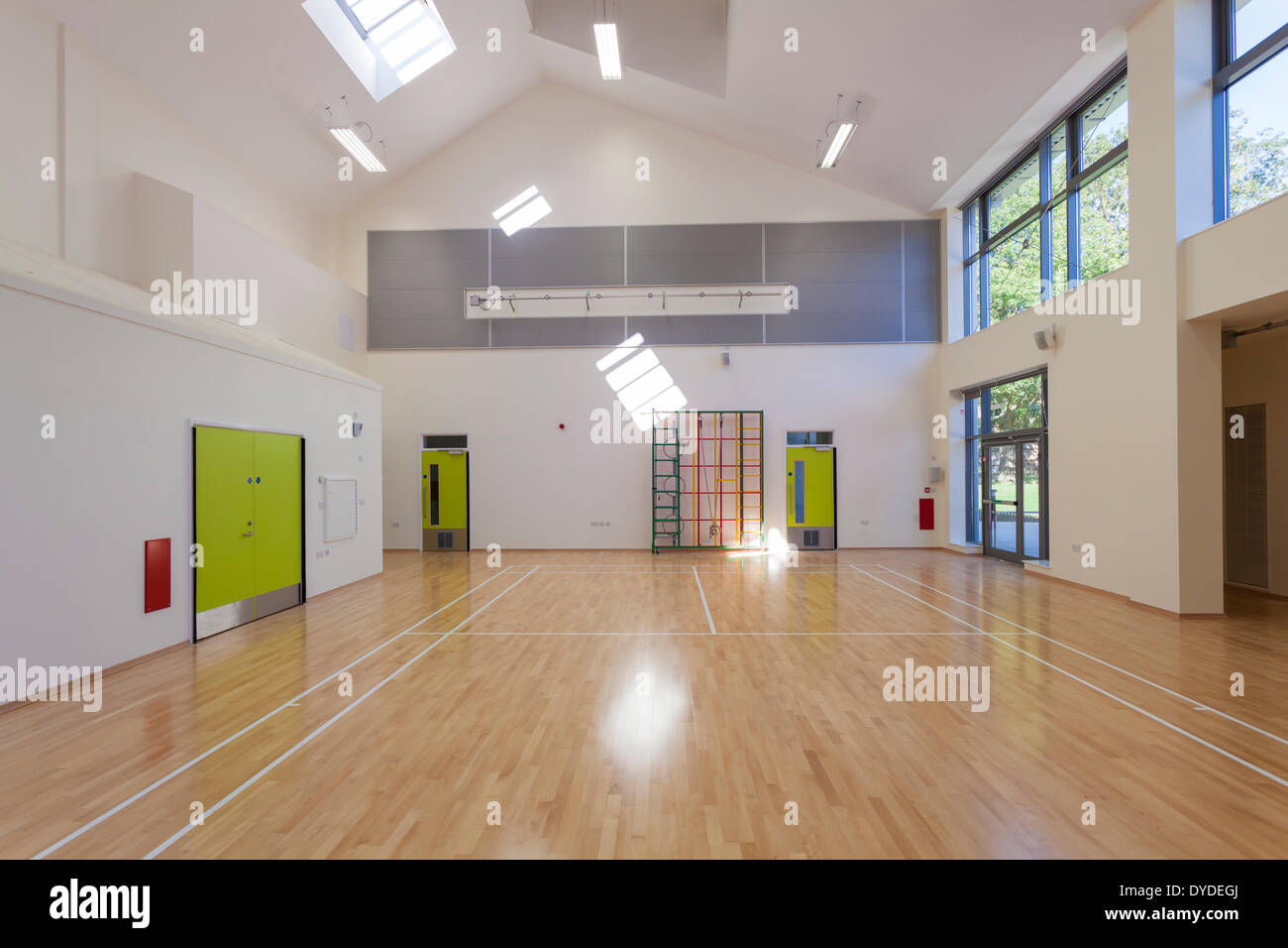 Unoccupied primary school hall with wooden floor and games markings. Stock Photo