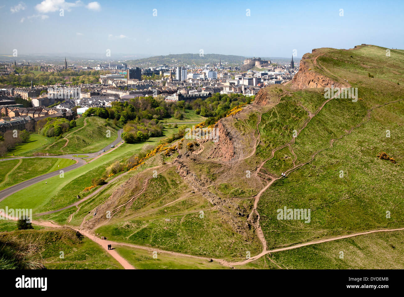 Edinburgh and Salisbury Crags from Arthur's Seat. Stock Photo