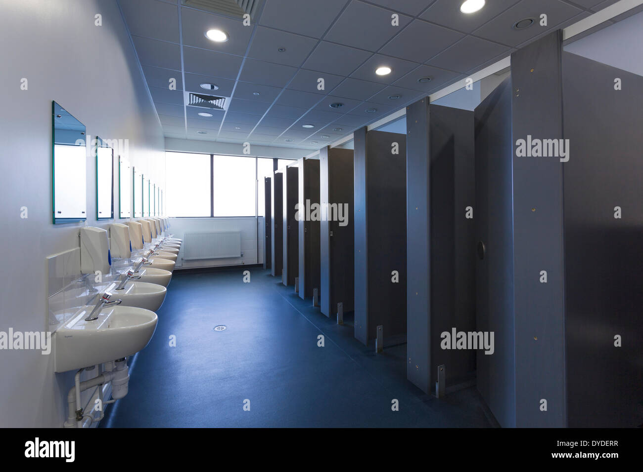 Unoccupied female public toilets with wash basins and cubicles. Stock Photo