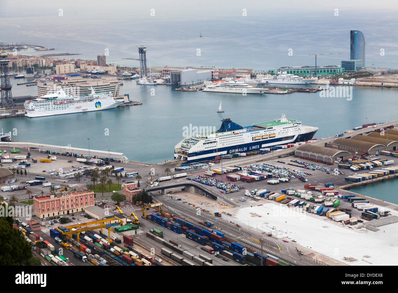 High view of railway sidings and cruise liners dock at Barcelona port. Stock Photo