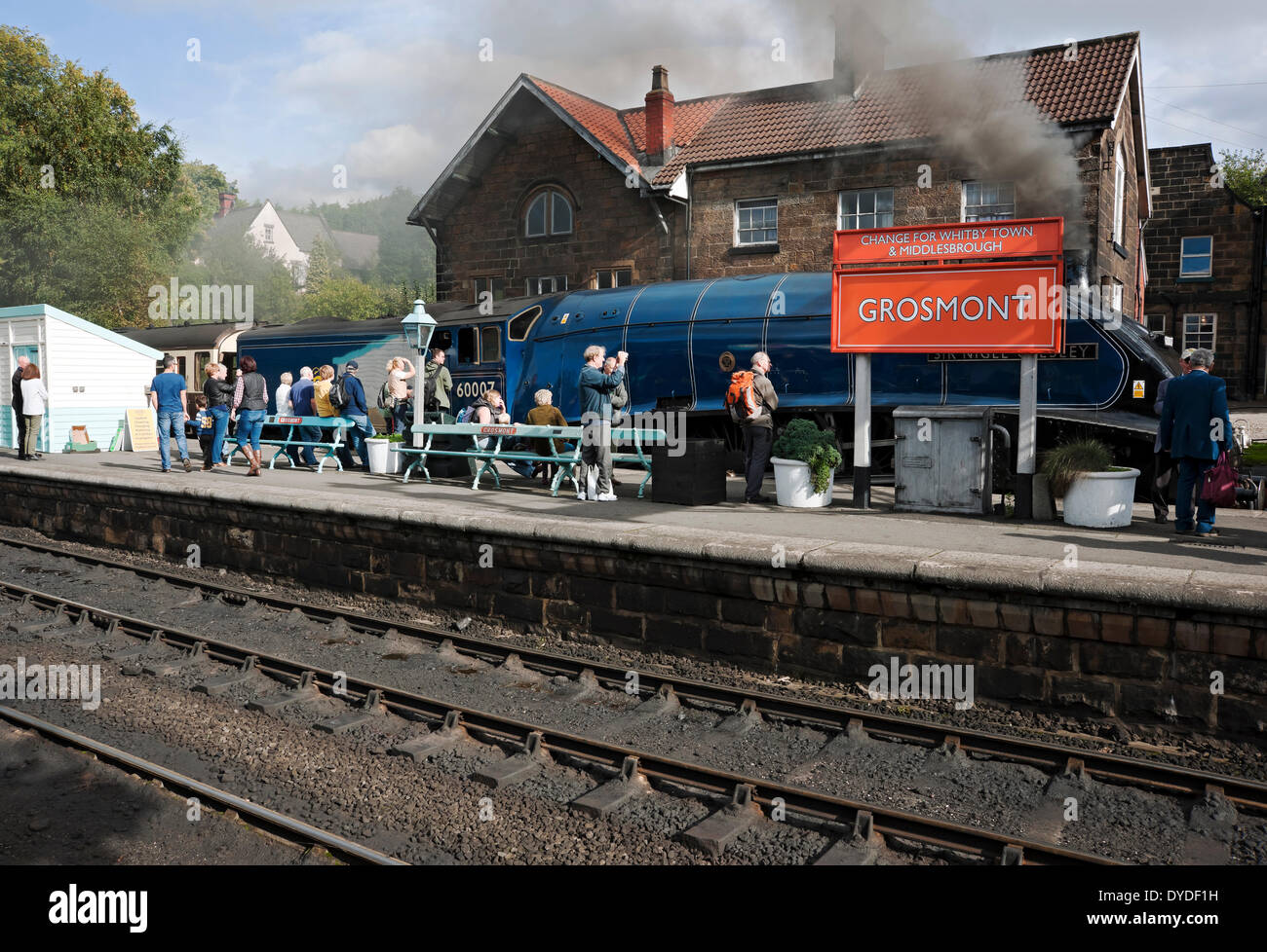 A4 Pacific class locomotive Sir Nigel Gresley at Grosmont Station on the North Yorkshire Moors railway. Stock Photo