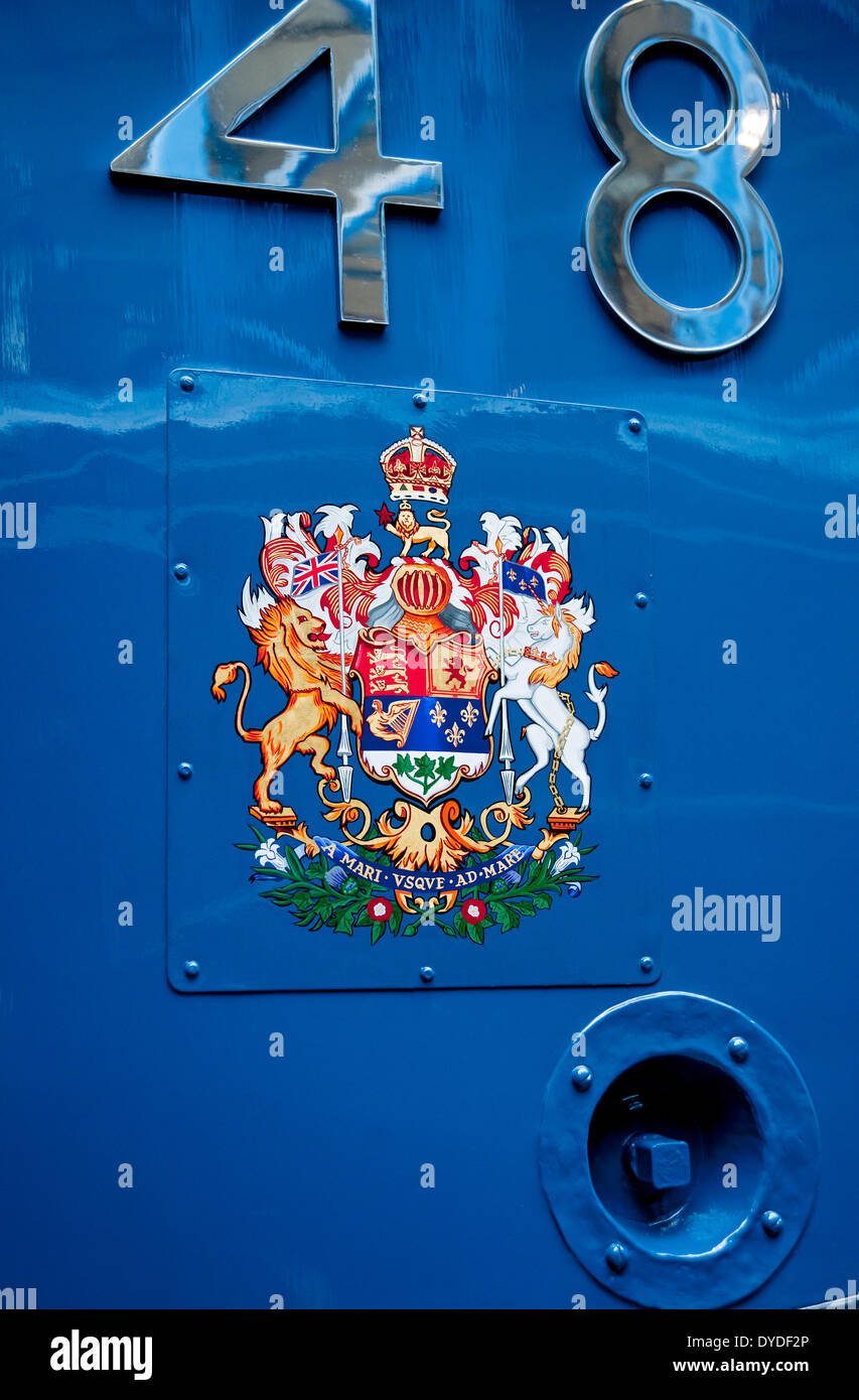 Crest on the Dominion of Canada A4 Pacific steam locomotive at the National Railway Museum. Stock Photo