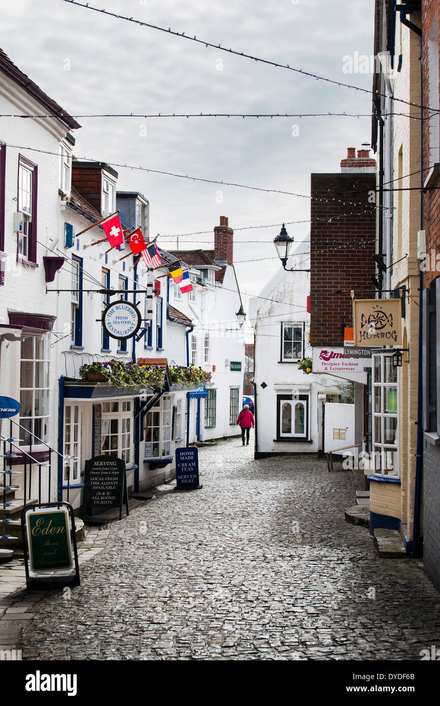 Narrow streets and shops around Lymington quay on the edge of the New Forest in Hampshire. Stock Photo