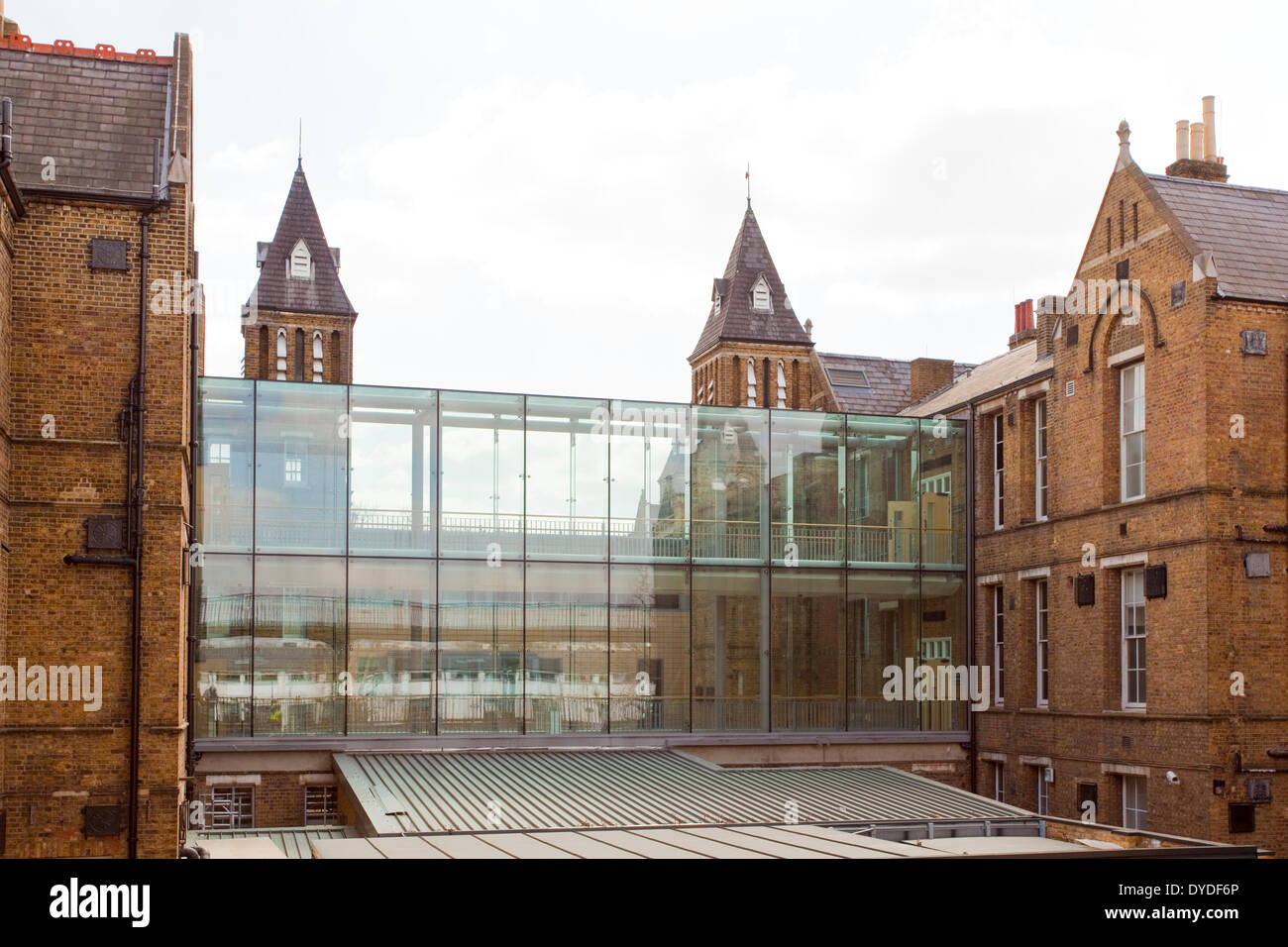 Glass link walkway joining two buildings at Saint Charles Hospital in London. Stock Photo
