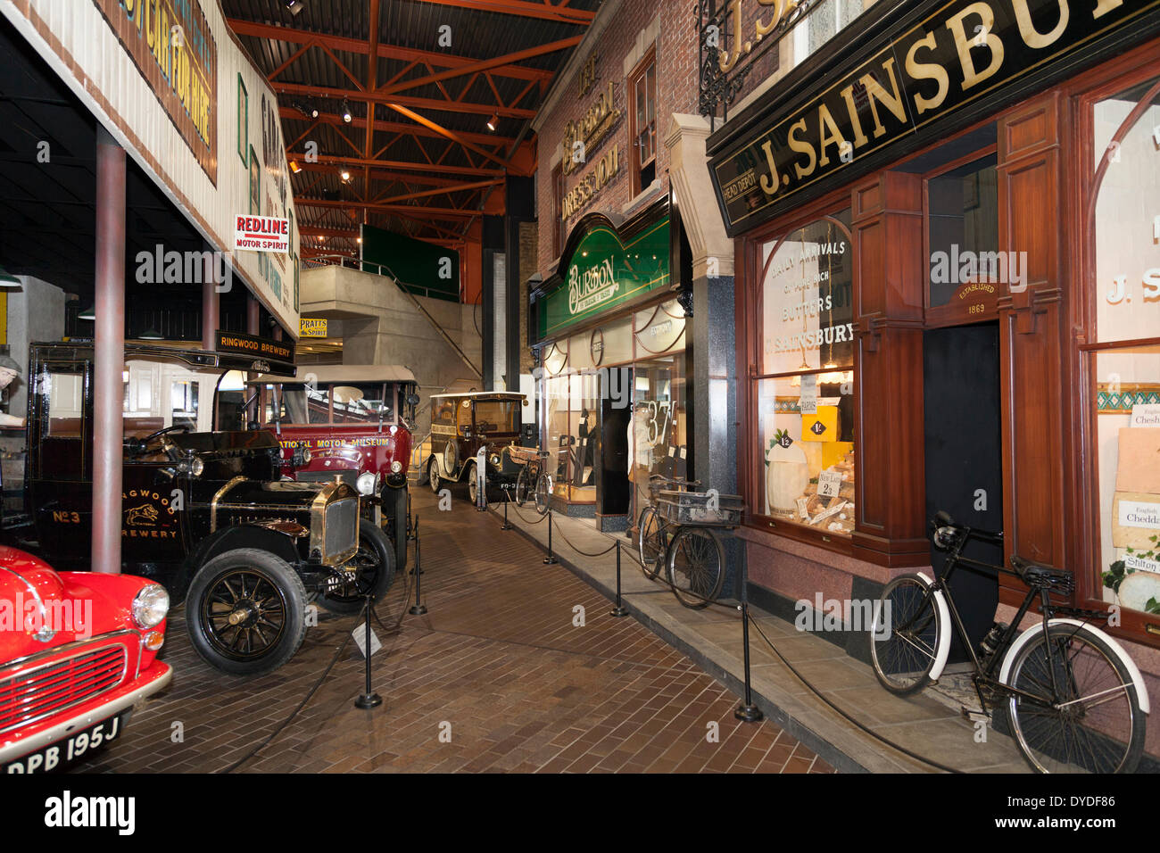 Street scene with shops and delivery bicycles in the Beaulieu Motor Museum. Stock Photo