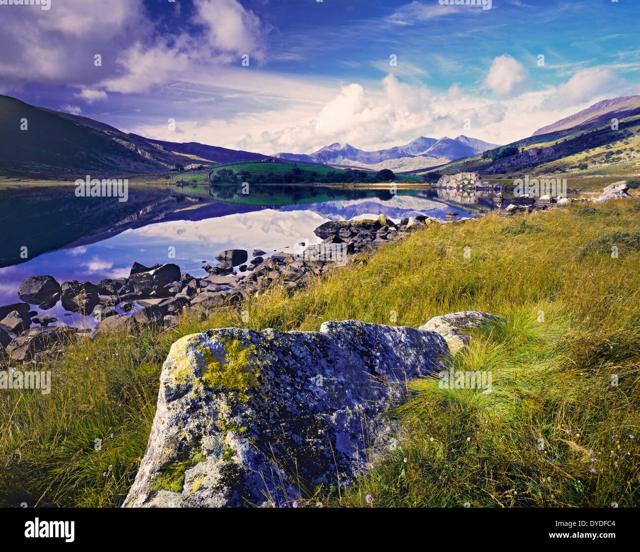 A view across Llyn Mymbyr towards Snowdon. Stock Photo