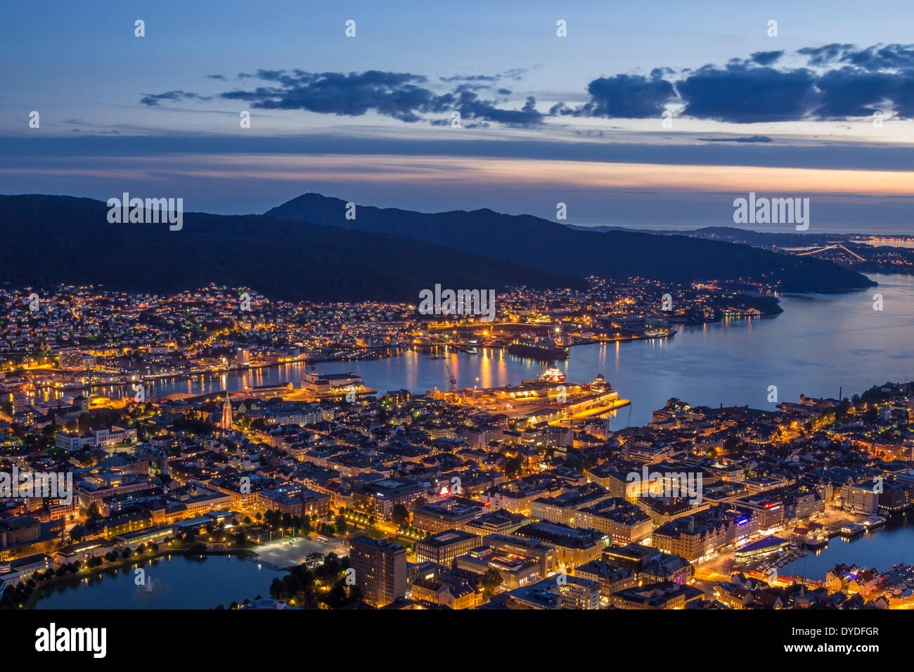 A view of Bergen after sunset from the top of mount Floyen. Stock Photo