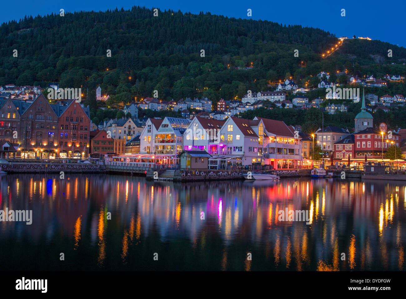 A view of Bergen harbour after sunset. Stock Photo