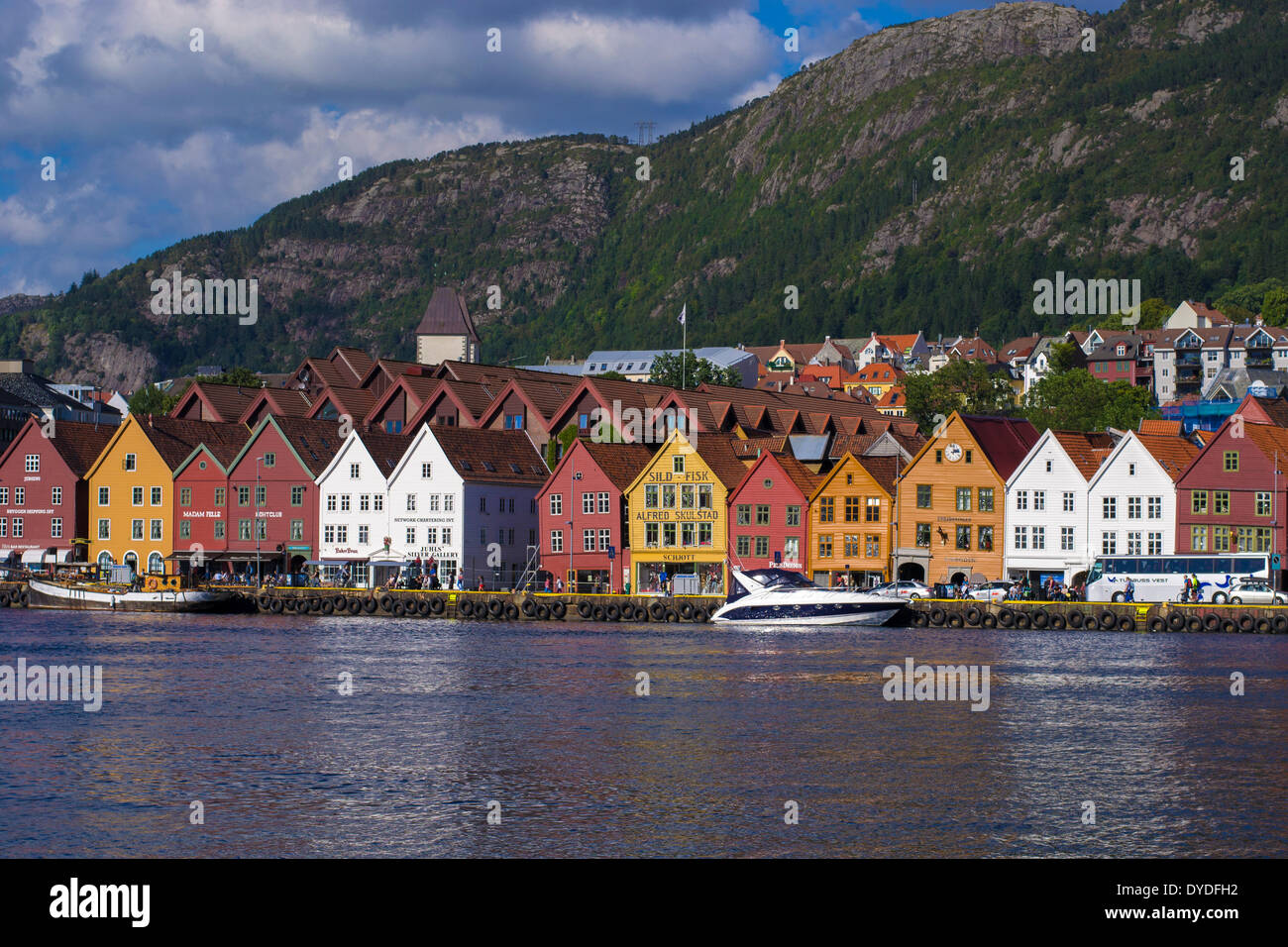 A view towards Bryggen from across the harbour. Stock Photo