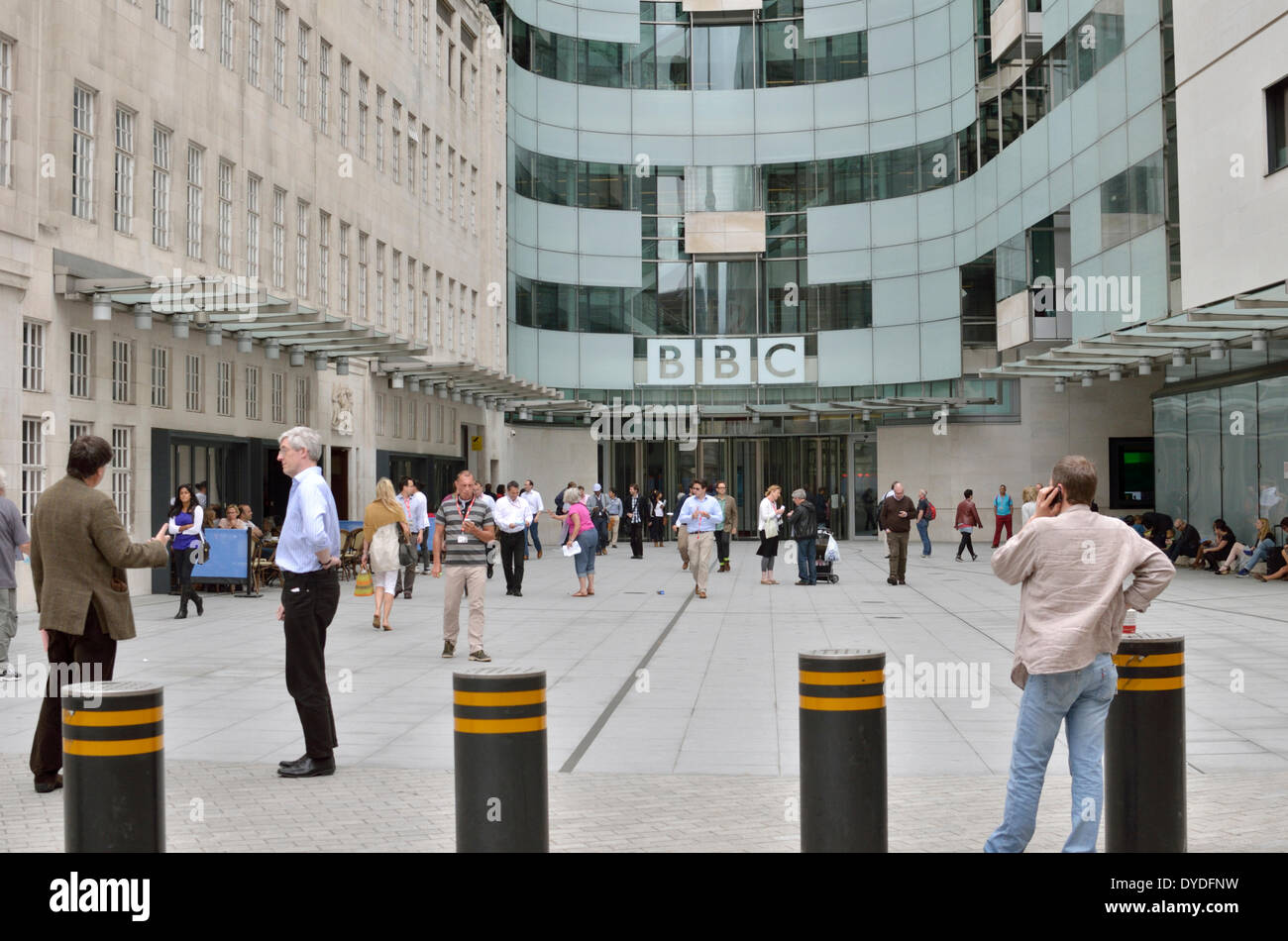 Staff outside BBC Broadcasting House extension. Stock Photo