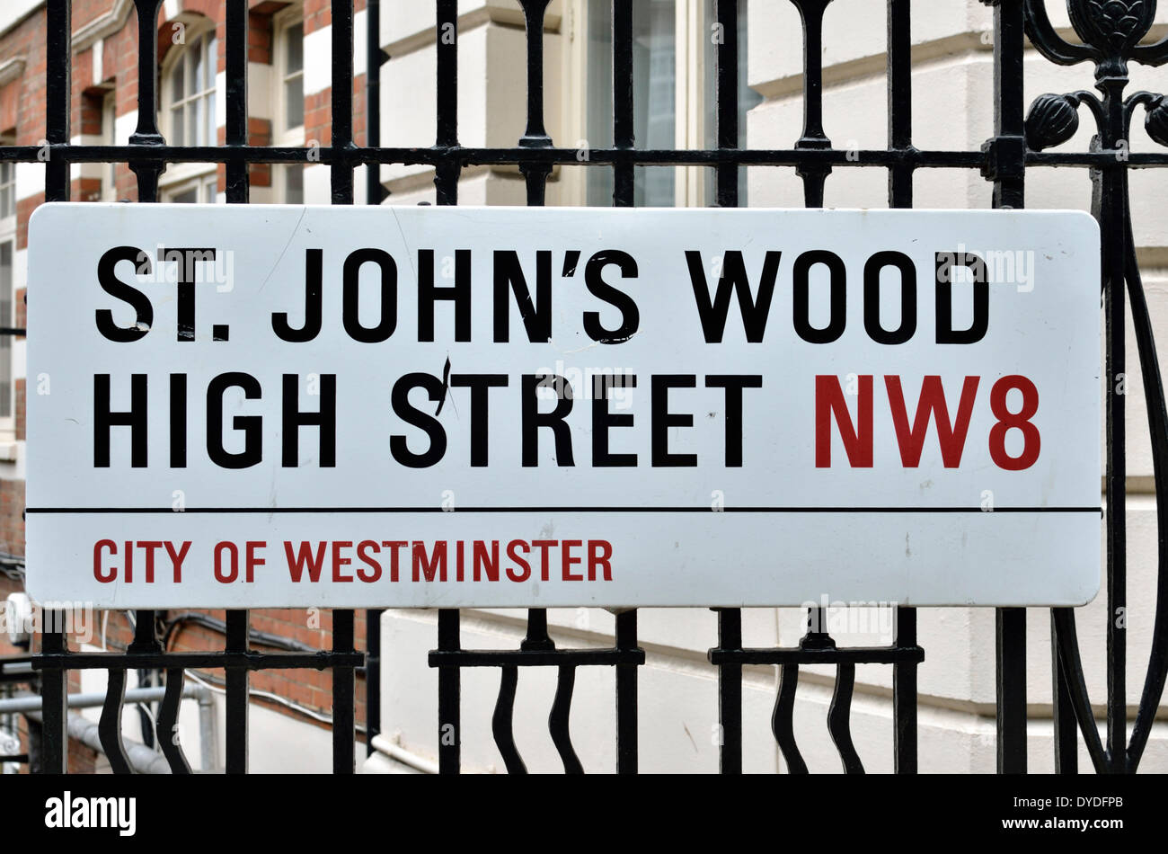 St Johns Wood High Street NW8 City of Westminster street sign. Stock Photo