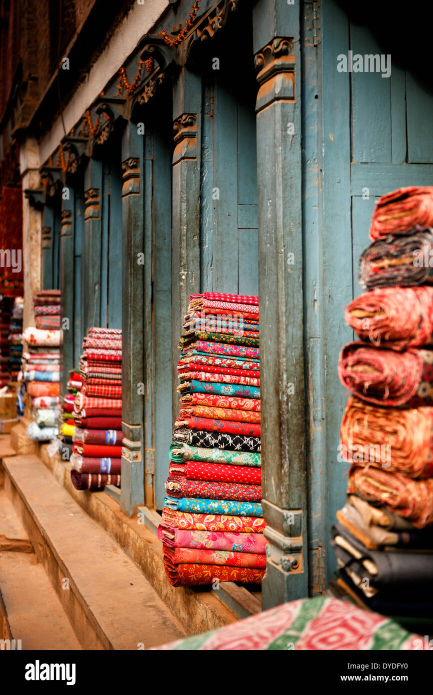 Textile market in Bhaktapur in Nepal. Stock Photo