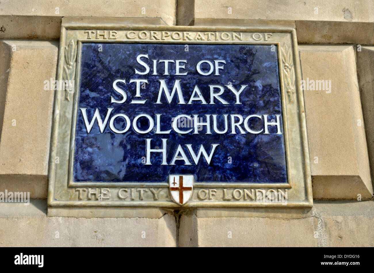 Blue plaque marking the site of the church of St Mary Woolchurch Haw at Mansion House. Stock Photo