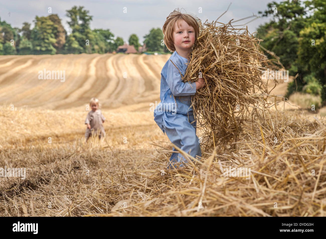 A two year old boy running in a field collecting straw. Stock Photo