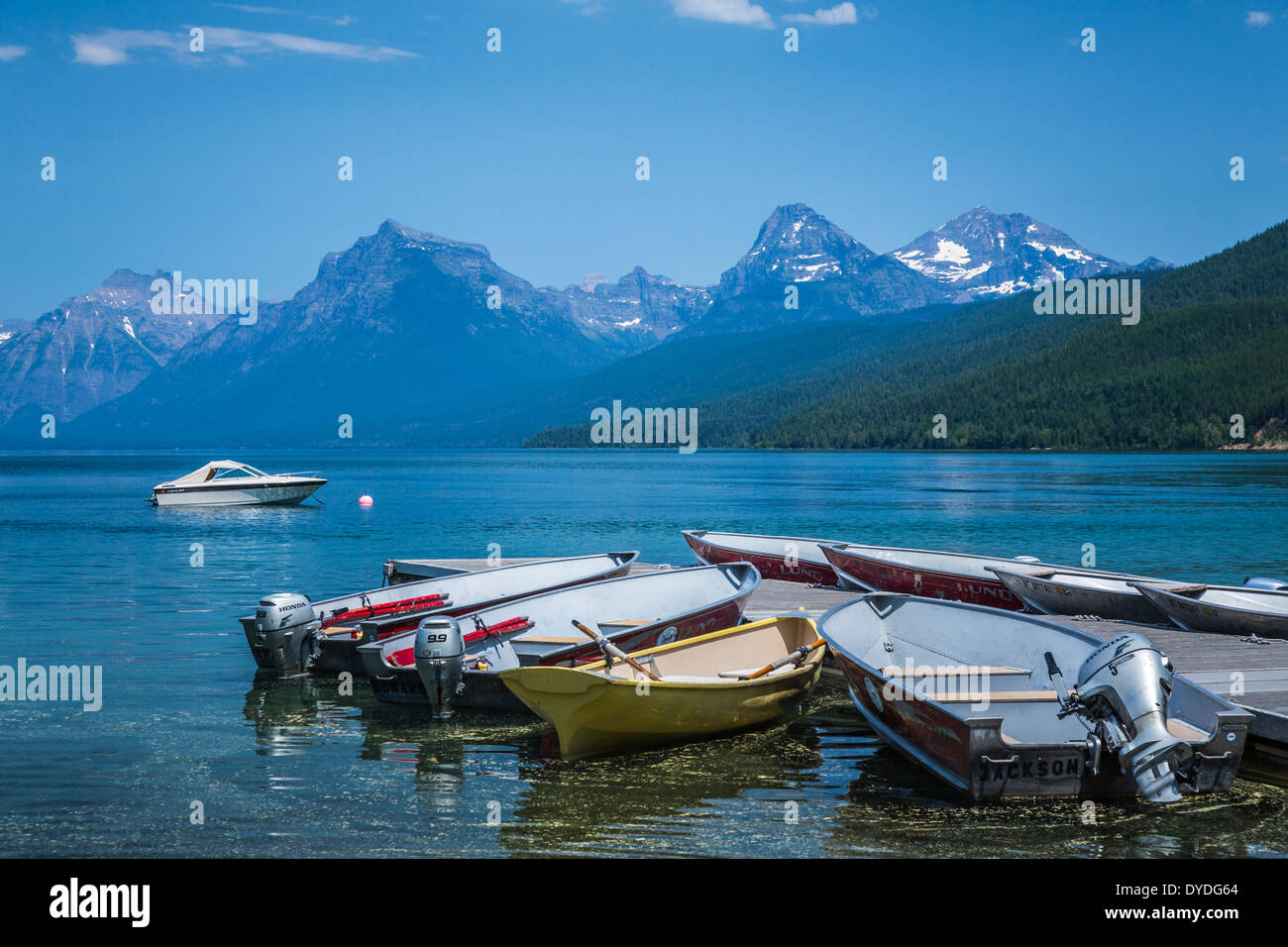 The boat dock on Lake McDonald at Lake McDonald Lodge, Glacier National Park, Montana, USA. Stock Photo