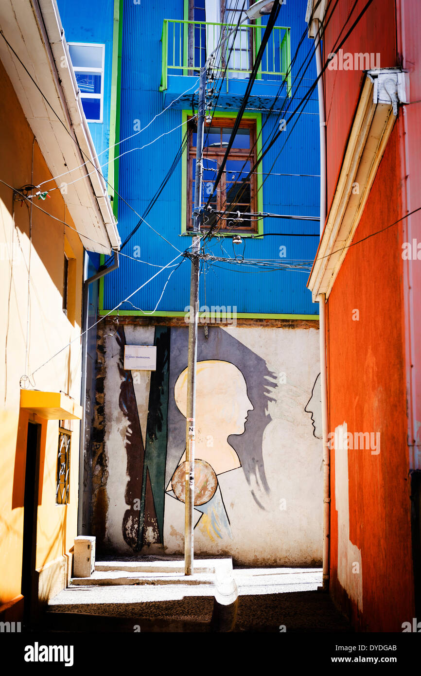 Street Art by Ricardo Yrarrazaval in the Open Air Museum at Valparaiso. Stock Photo