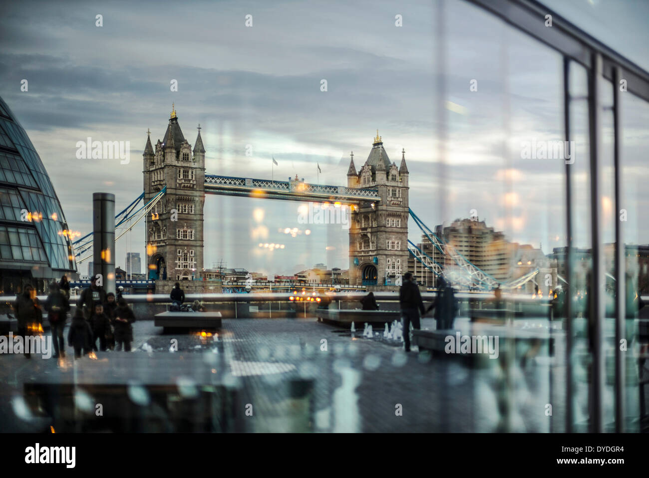Tower Bridge reflected in glass from the south side. Stock Photo