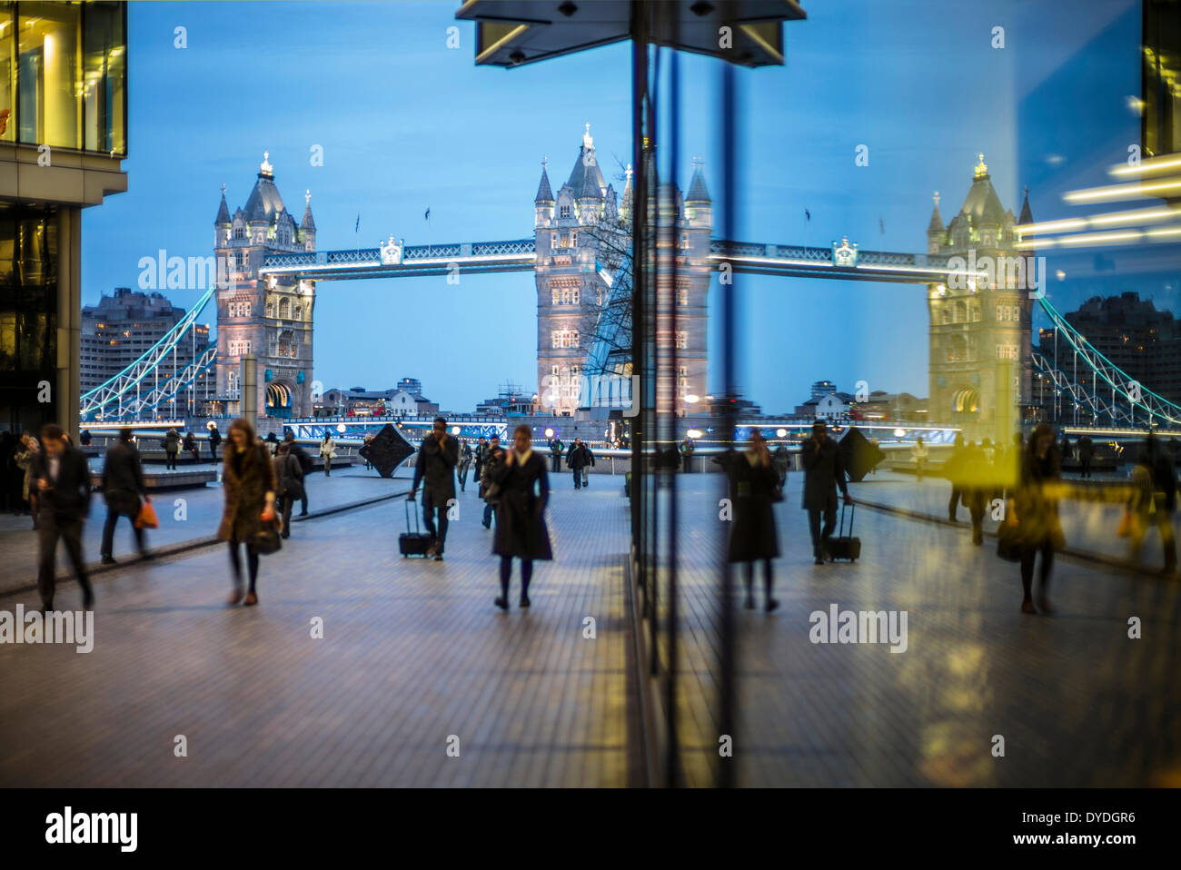 Tower Bridge reflected in glass from the south side. Stock Photo