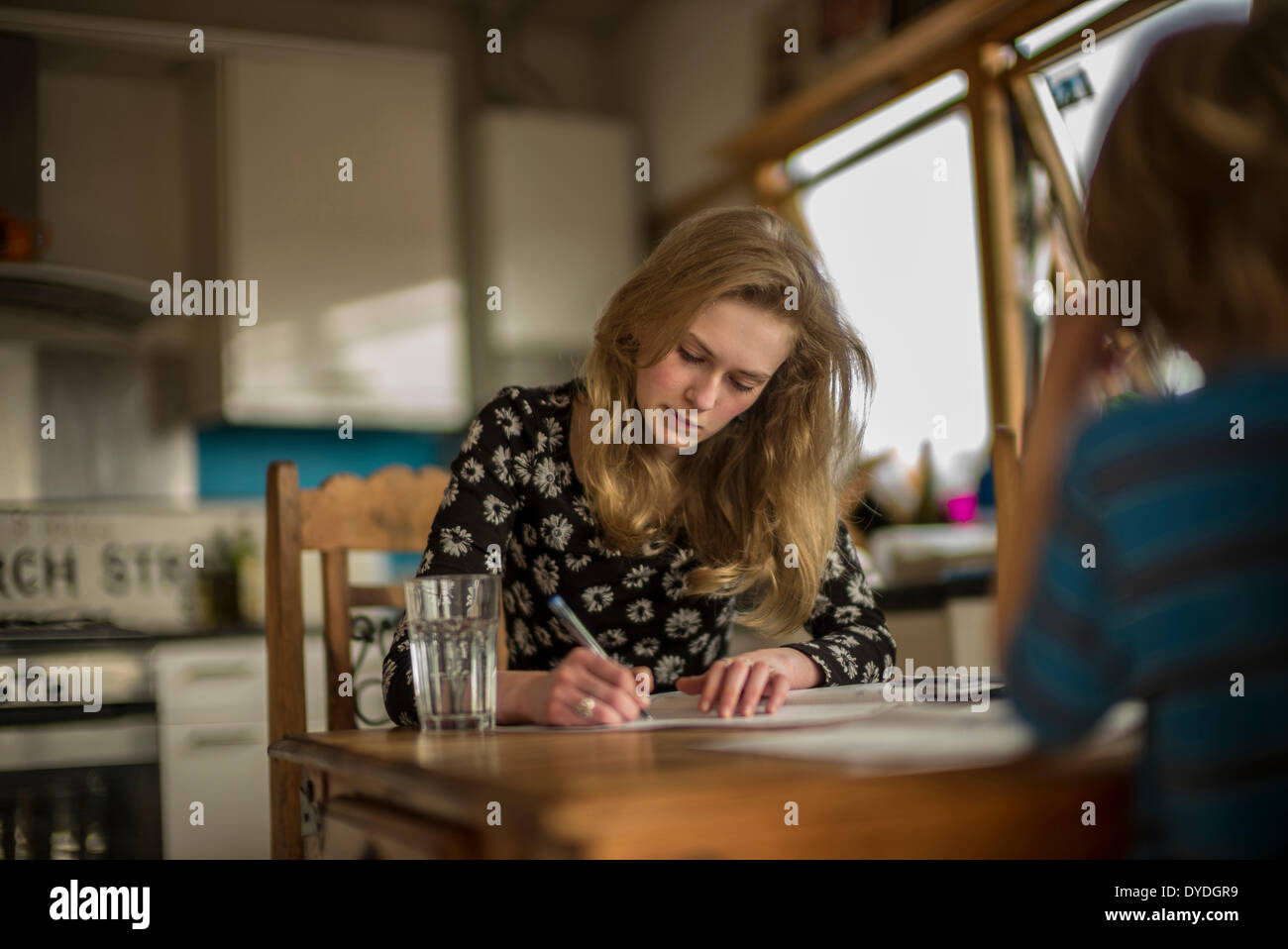 A 16 year old girl doing math homework on the kitchen table. Stock Photo