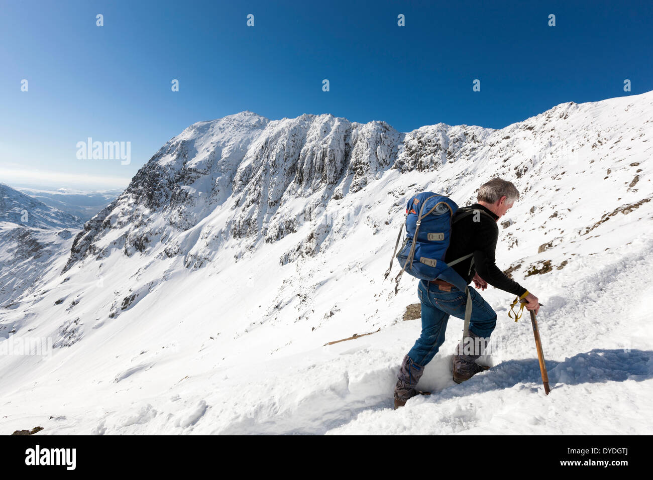 Tourist climbs the snowy Pyg Track in the Snowdonia National Park. Stock Photo