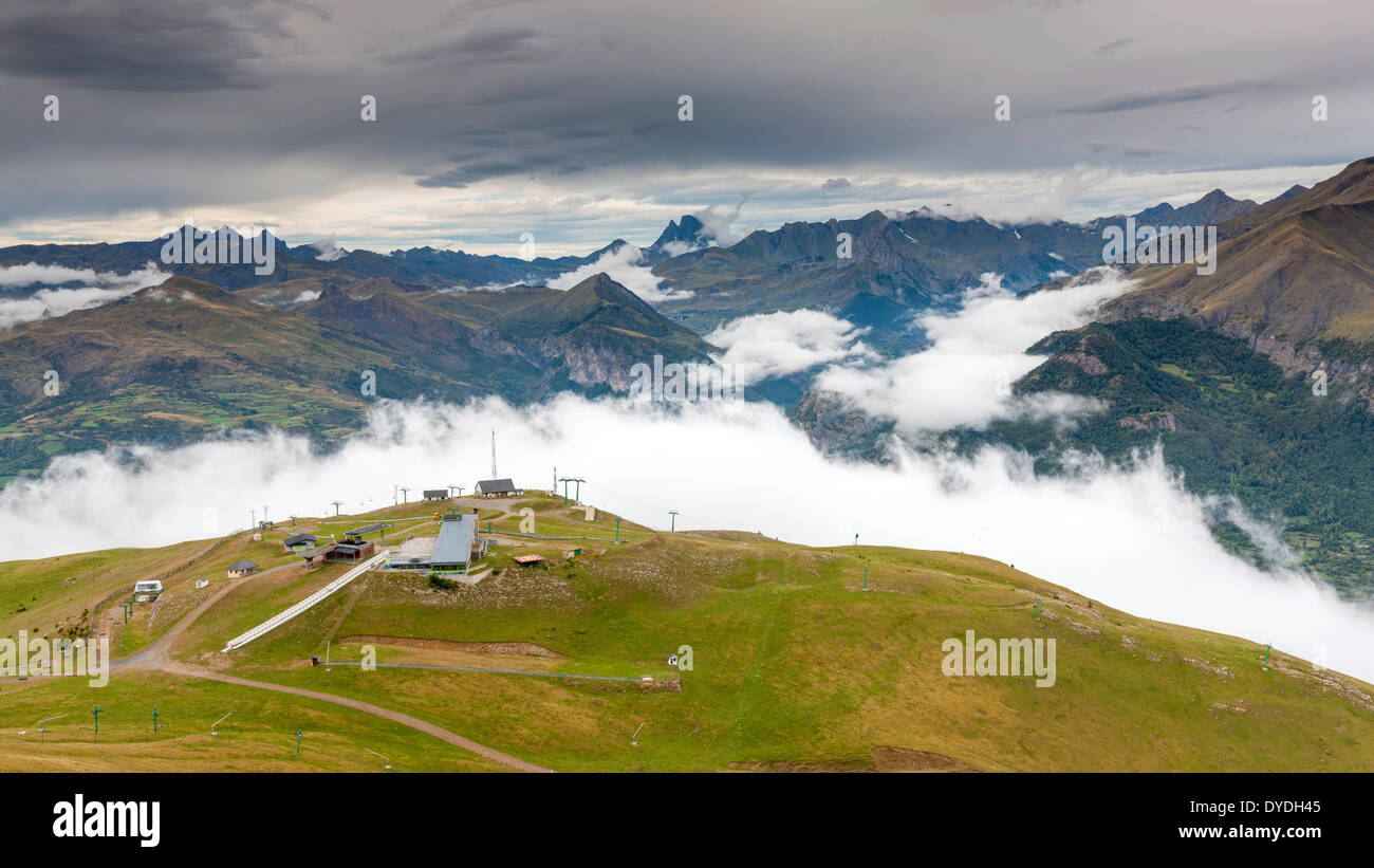 View from the ski area Panticosa over Valle de Tena in Sierra de Tendenera in the Pyrenees. Stock Photo