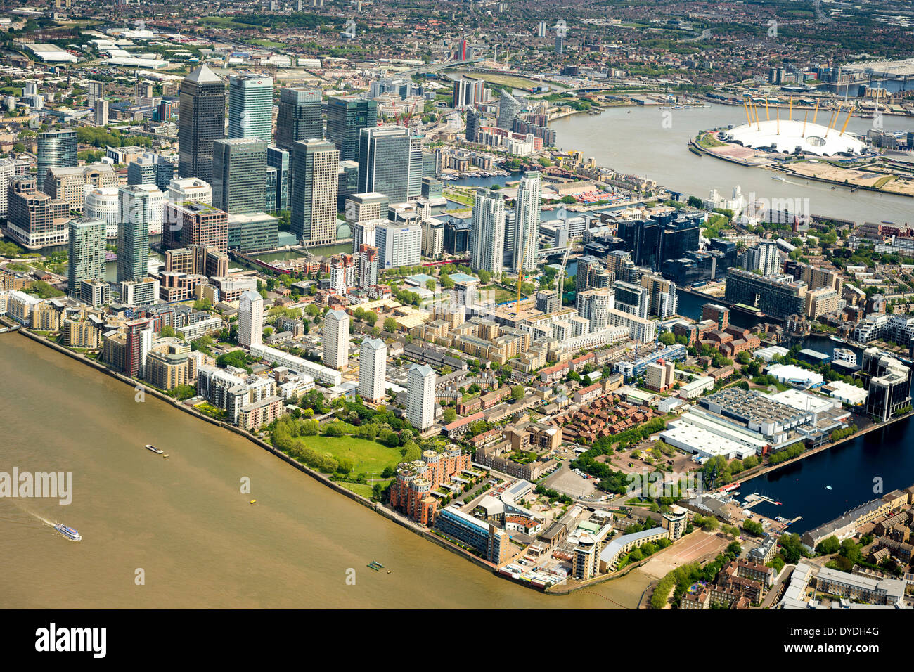 Aerial view of the Docklands and Canary Wharf. Stock Photo