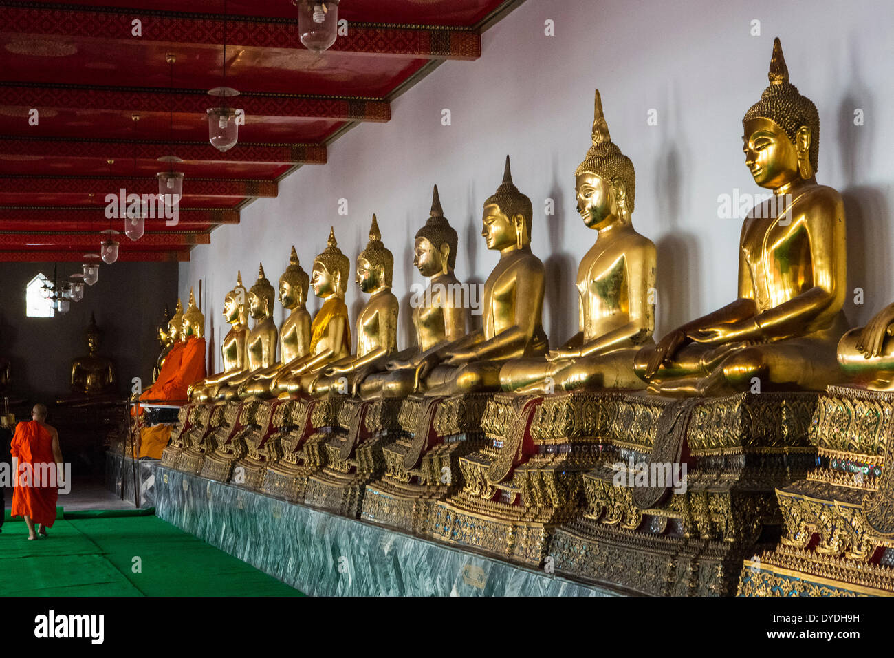 Bangkok, Thailand, Asia, Wat, Wat Pho, buddhas, corridor, golden, hands, many, plenty, religion, sitting, touristic Stock Photo