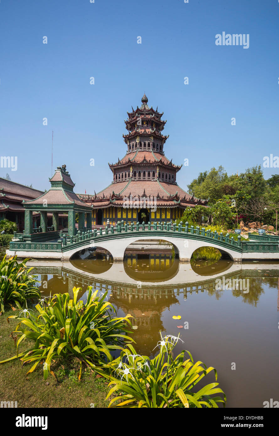 Thailand, Asia, Bangkok, Ancient, Siam Park, The Phra Kaew, architecture, bridge, culture, park, pavilion, pond Stock Photo