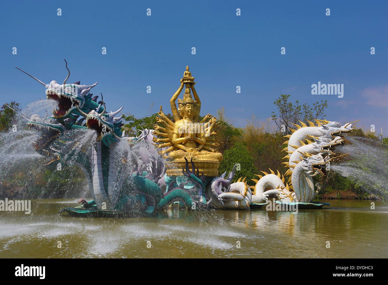 Ancient Avalokitesavara Bangkok Bodhisattva Siam Thailand Asia colourful culture dragons fountain park pond touristic travel Stock Photo