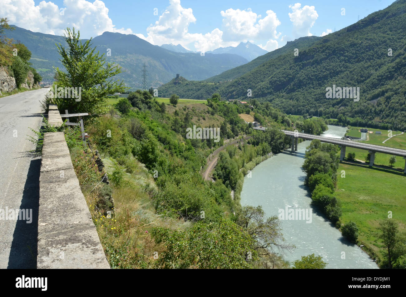 Italy Europe Italian aoste valley river defence defensive bridge military walls fortifications fort napoleon Piedmont valle Stock Photo
