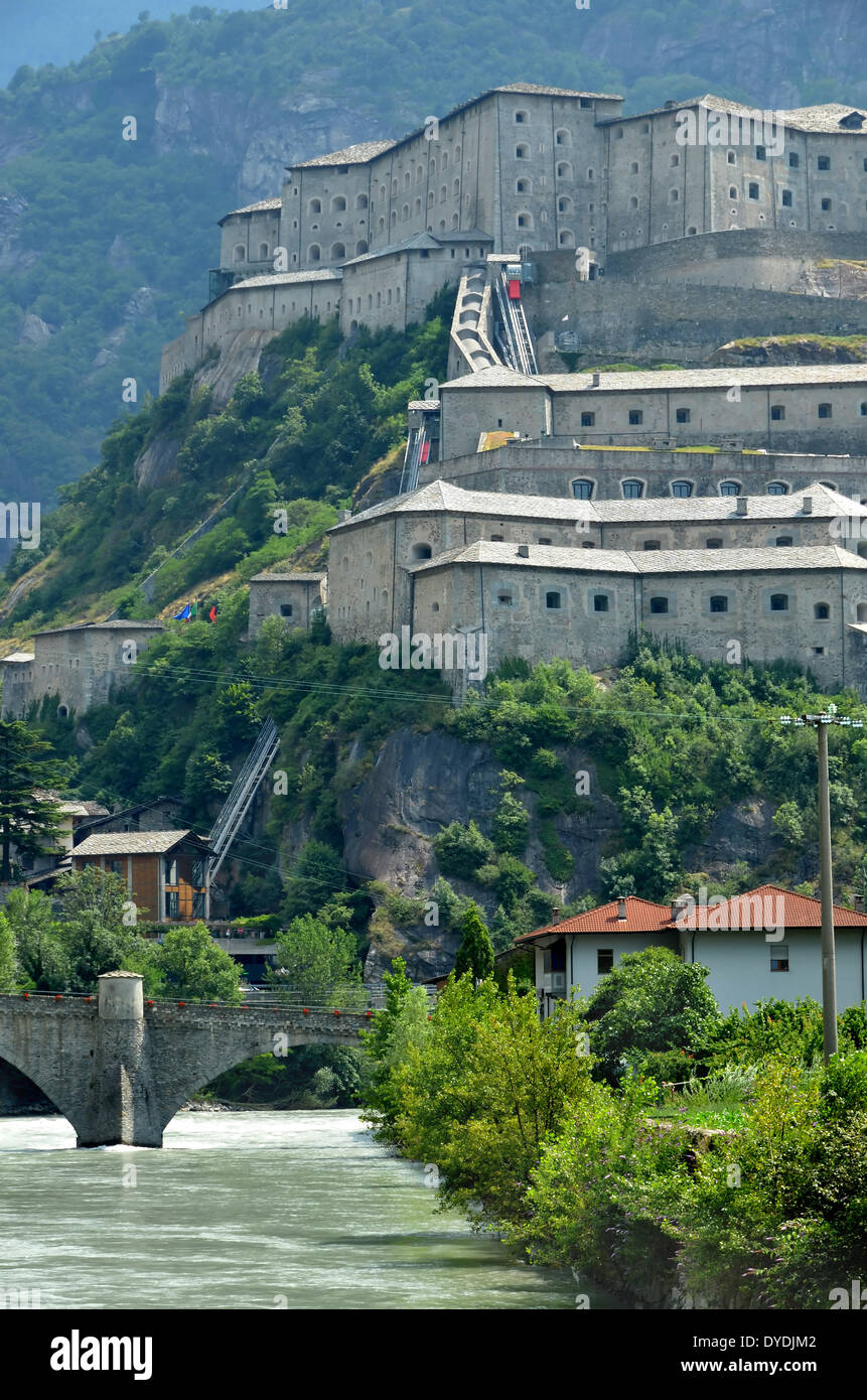 bard fort bard Italian aoste valley river defence defensive bridge military barrier walls fortifications napoleon France at Stock Photo