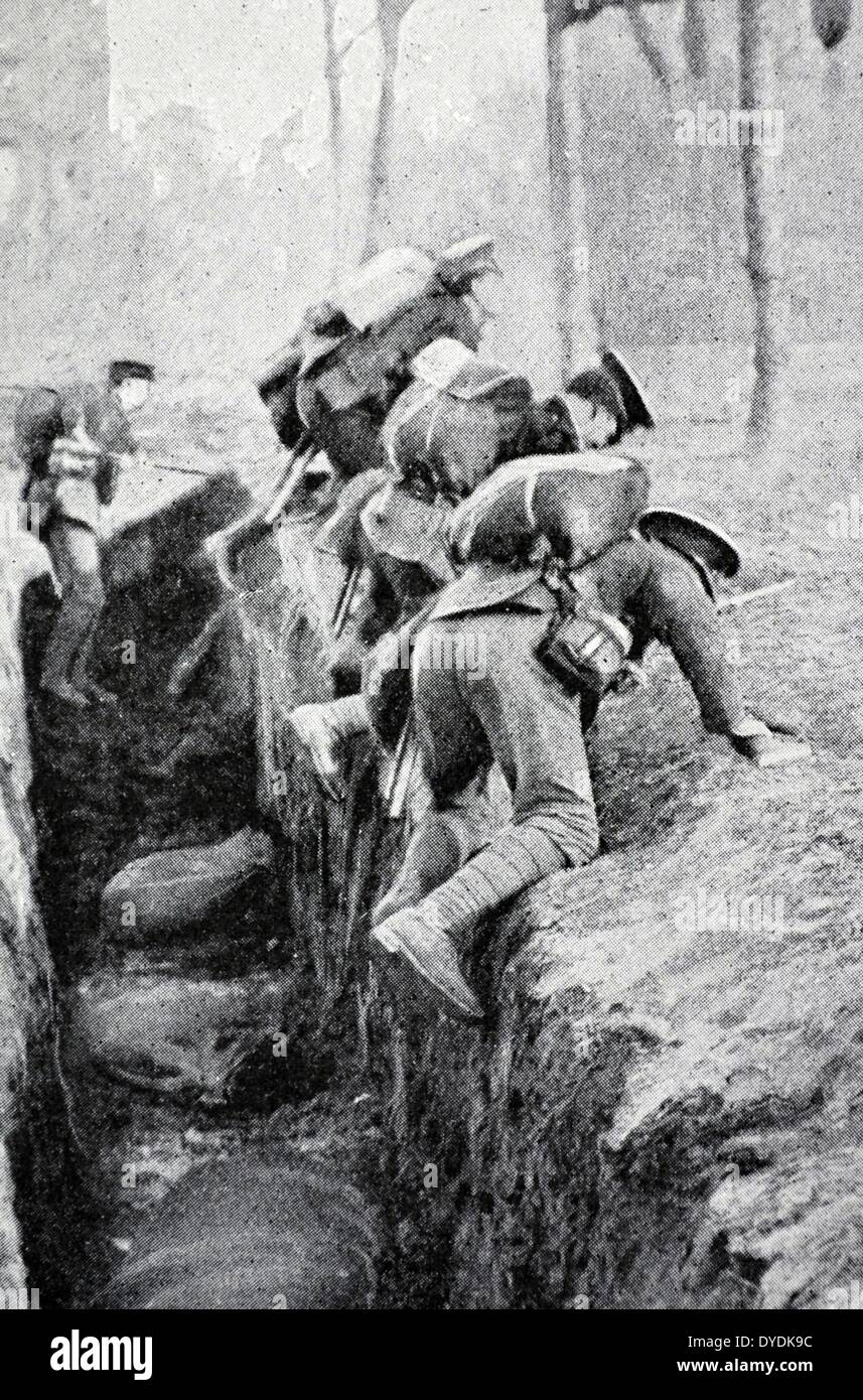 Rehearsing for World War One, 1915. Getting out of an enemy trench. A phase of the training in trench warfare undergone by men of the New Army in Aldershot. Stock Photo