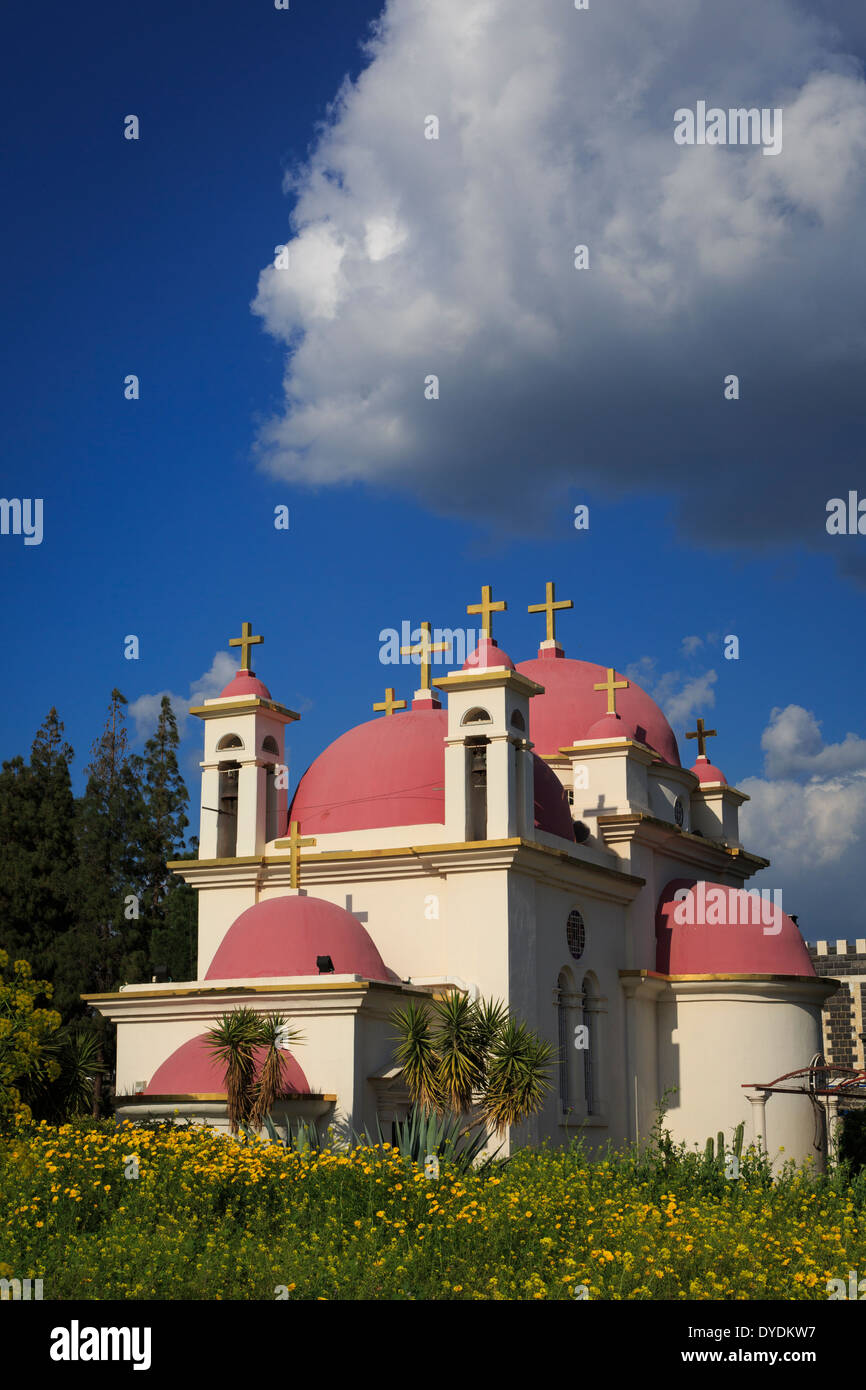 The Greek Orthodox Church of the Twelve Apostles in Capernaum by the Sea of Galilee - Lake Tiberias, Israel. Stock Photo